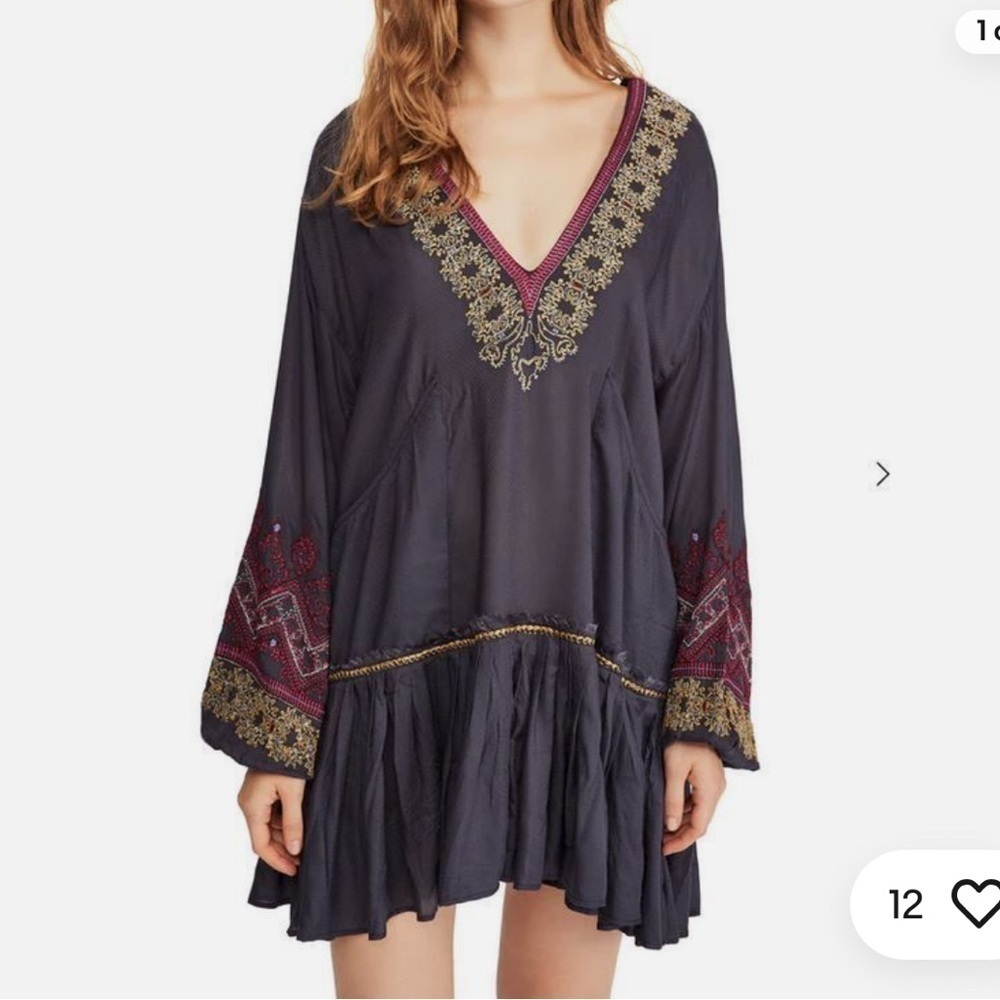 Free People Wild One Black Embroidered Long Sleeve V Neck Mini Dress Tunic Med